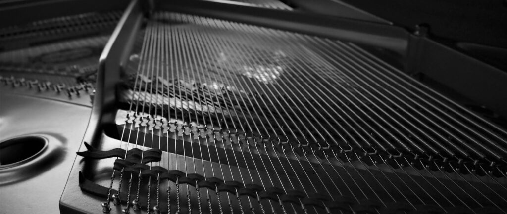 A black and white image dramatically featuring the strings and parts of the inside of a grand piano.