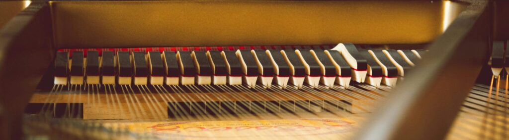 An up-close image featuring the dampers inside a grand piano. 